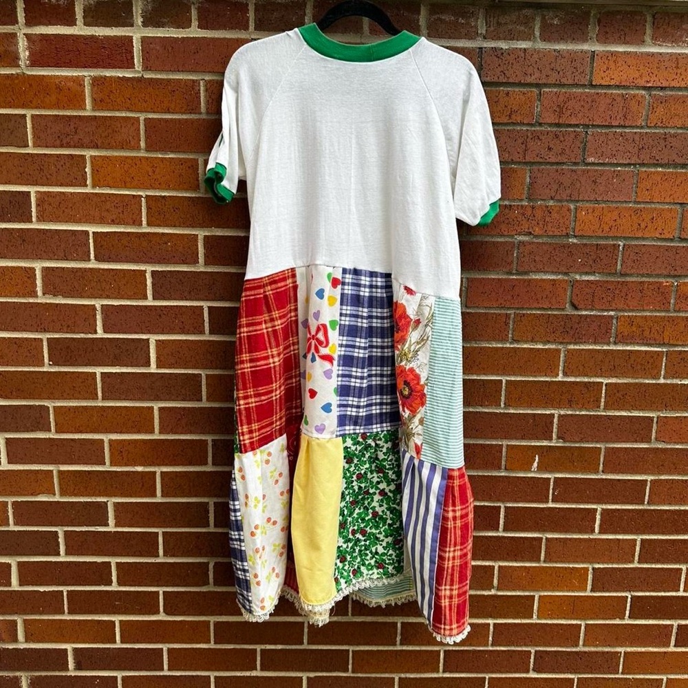 Handmade Reworked Vintage Ringer Rolling Rock T-Shirt Patchwork Dress M/L - Picture 3 of 6